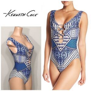 Kenneth Cole blue tummy control Plunge swimsuit
